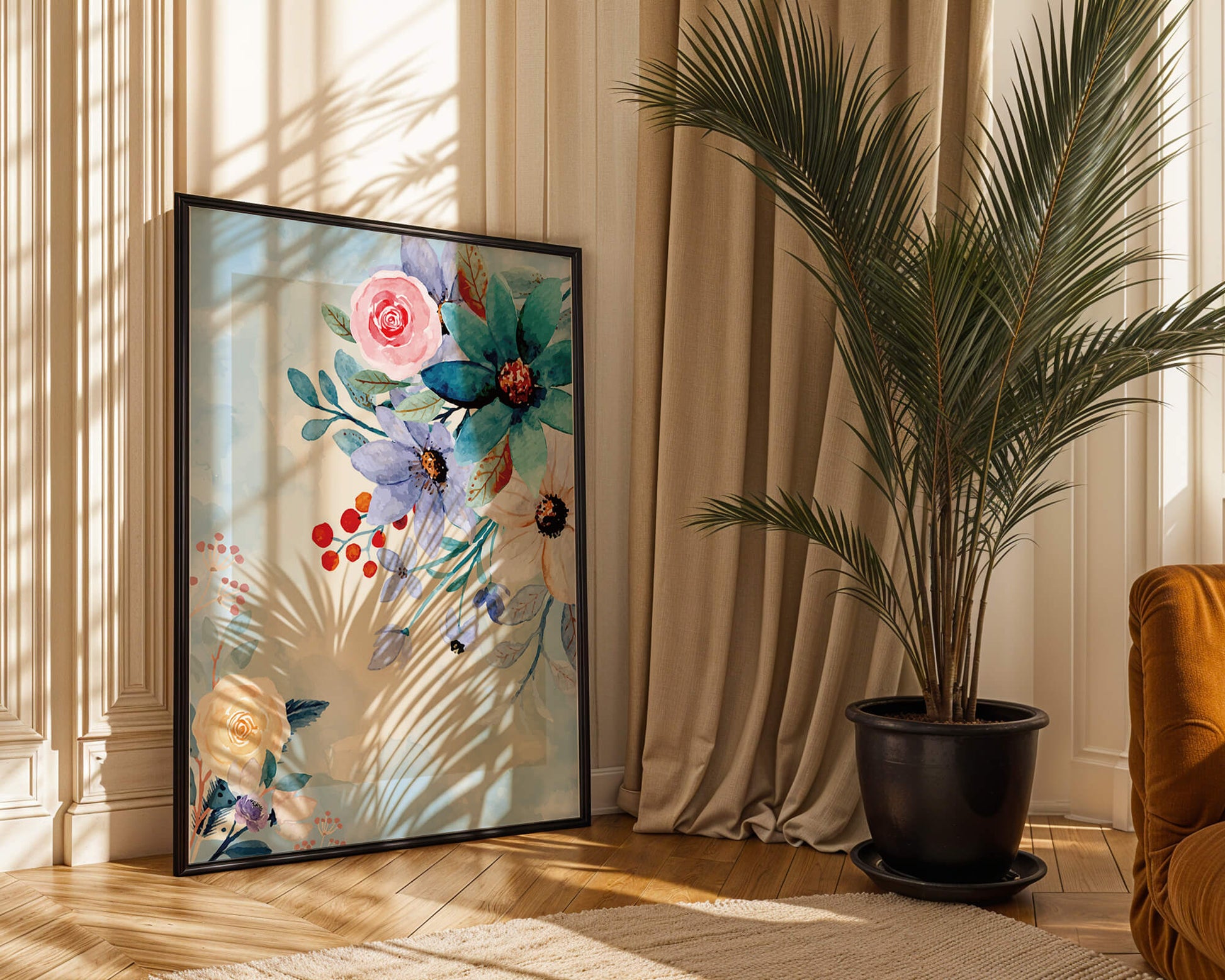 Ilustración floral acuarela con flores y hojas vibrantes