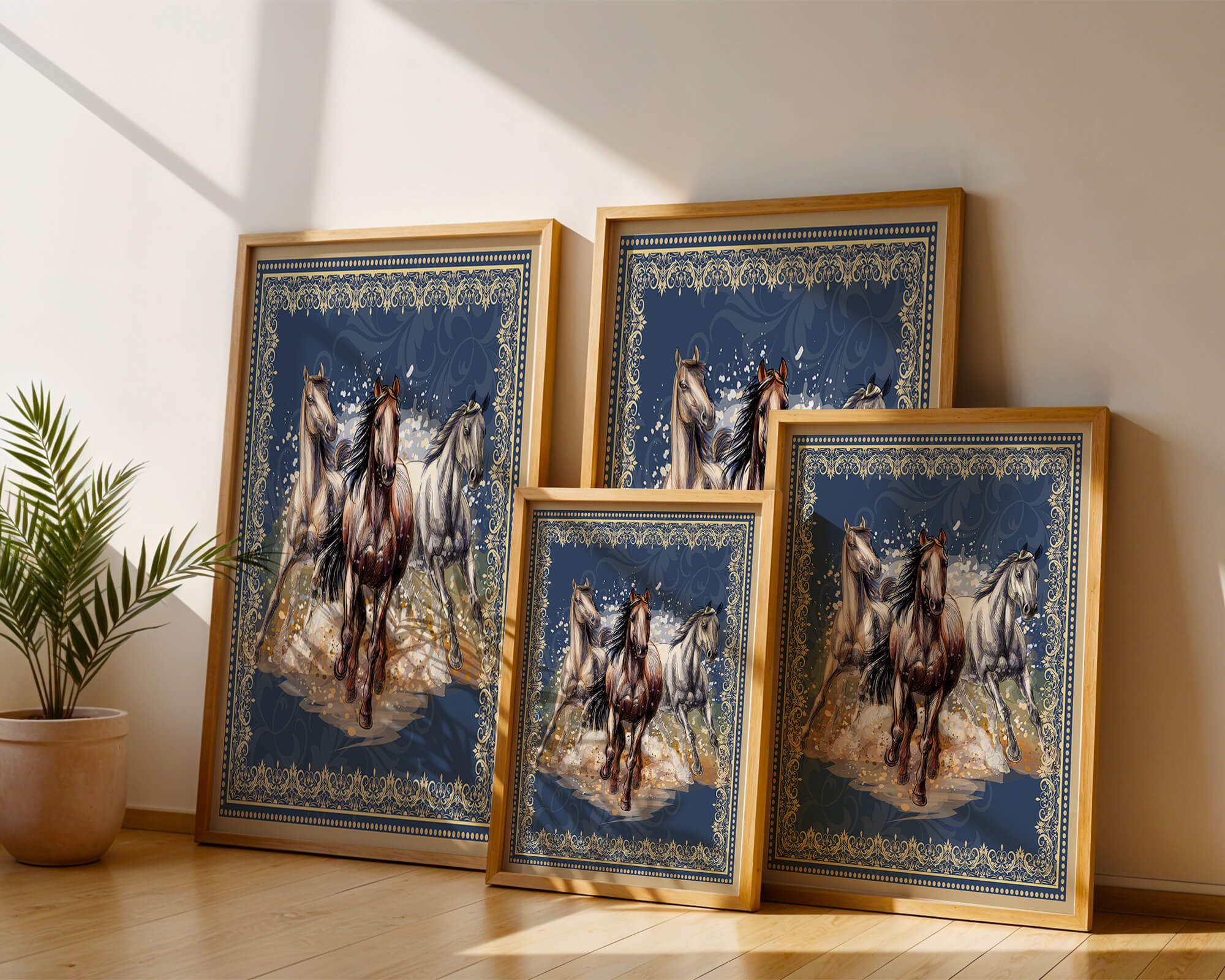 Running horses framed with elegant golden border on a blue background
