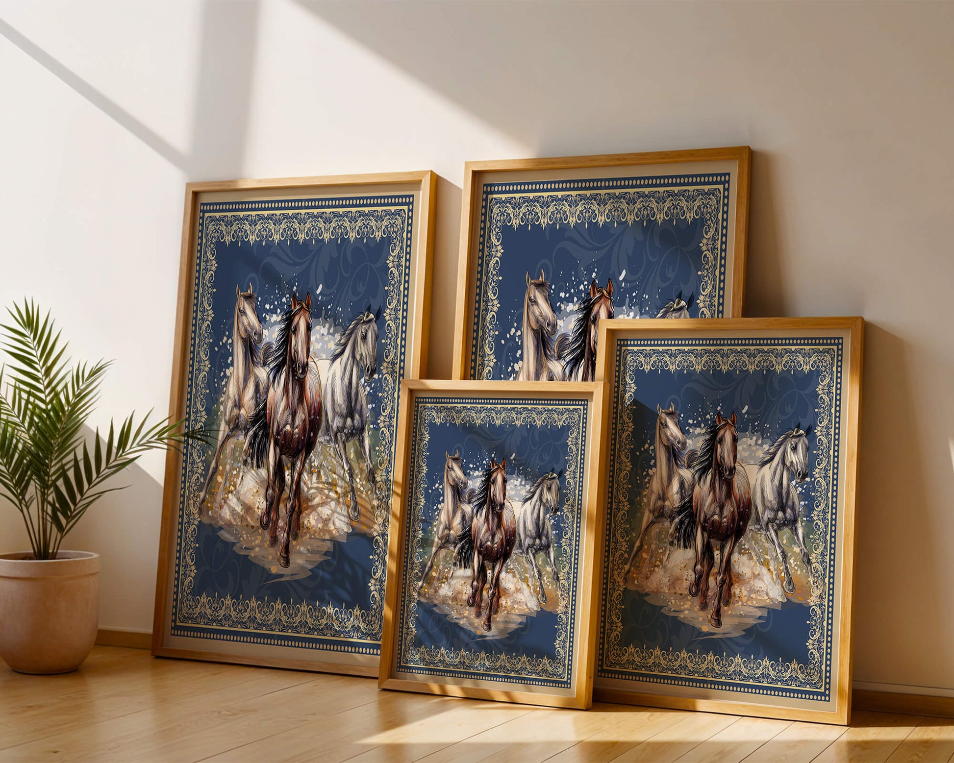 Running horses framed with elegant golden border on a blue background
