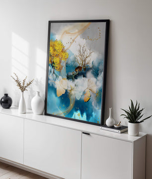 Surreal Nature Scene with Elephants and Golden Leaves