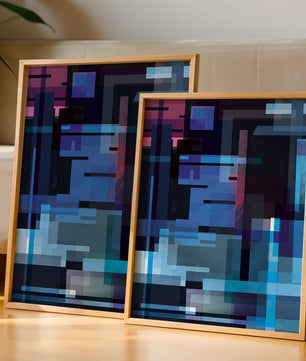 Arte digital geométrico abstracto con tonos azules y morados