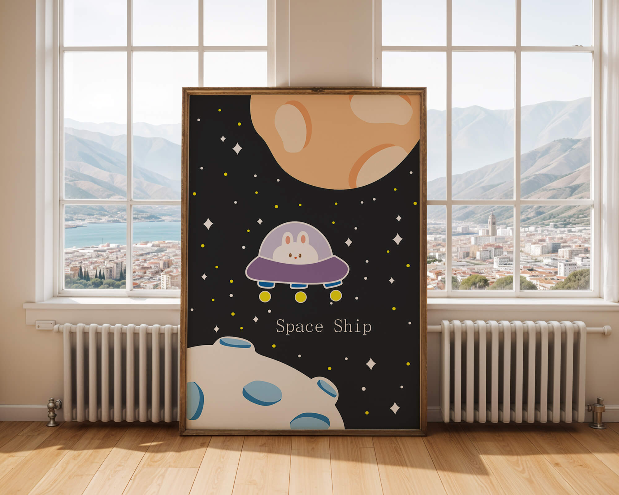 Cute bunny in spaceship with planets and stars in space illustration