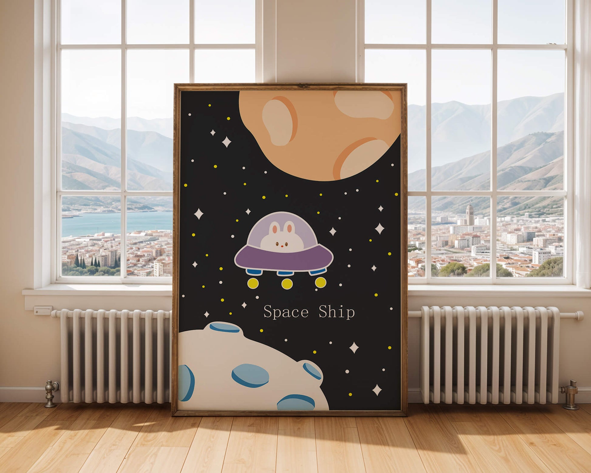 Cute bunny in spaceship with planets and stars in space illustration
