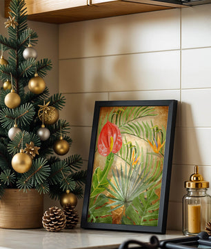 Colorful botanical illustration with tropical leaves on textured background