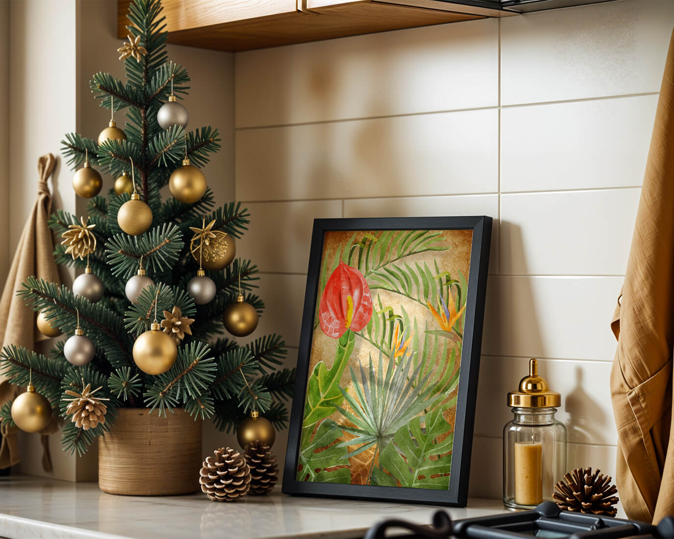 Colorful botanical illustration with tropical leaves on textured background