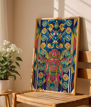 Obra de arte abstracta geométrica colorida con patrones simétricos