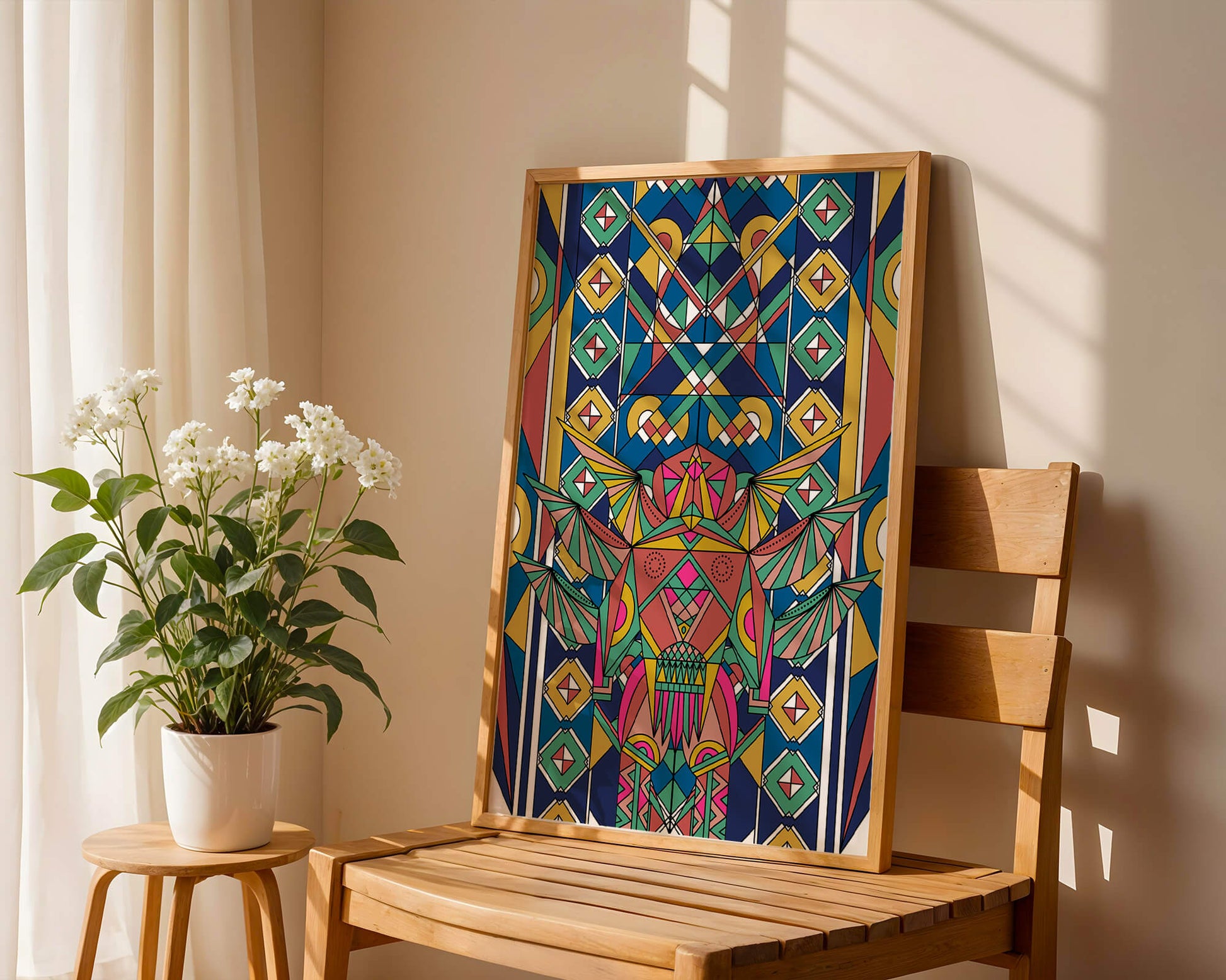 Obra de arte abstracta geométrica colorida con patrones simétricos