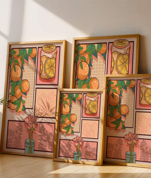 Composición artística con naranjas, frasco de rodajas de limón y rosas sobre fondo geométrico