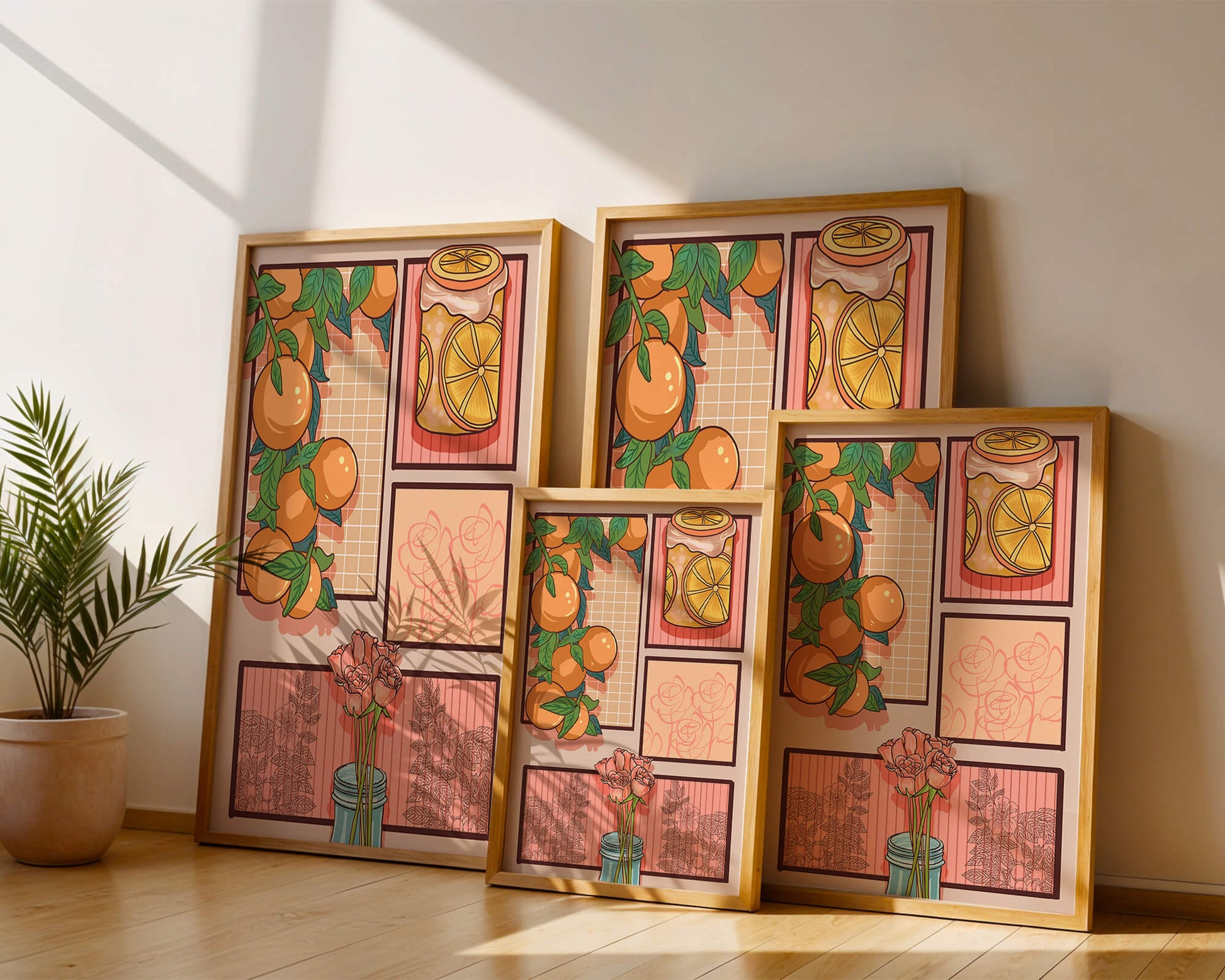 Composición artística con naranjas, frasco de rodajas de limón y rosas sobre fondo geométrico