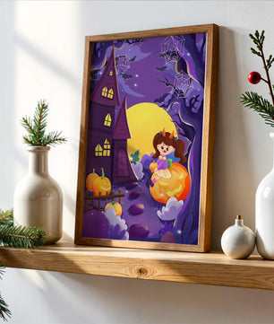 Charming Halloween scene with a girl on a pumpkin near a haunted house