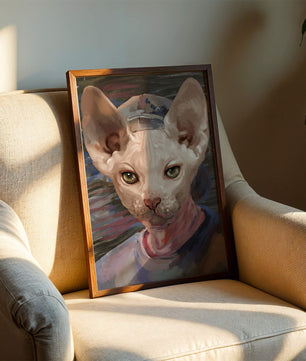 Painted portrait of a sphynx cat wearing a casual cap