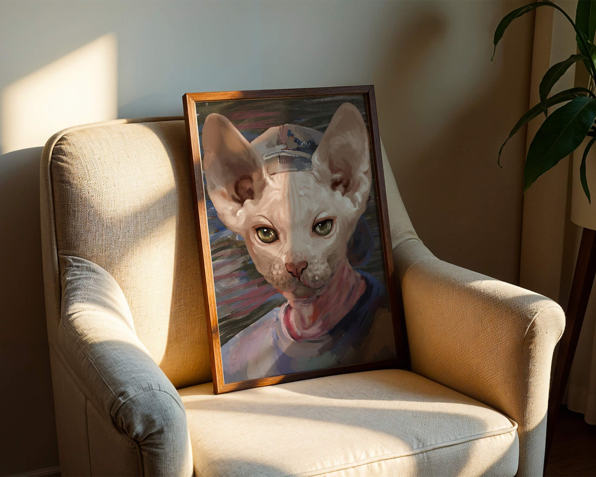 Painted portrait of a sphynx cat wearing a casual cap