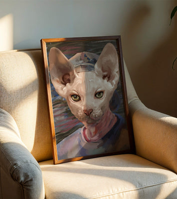 Painted portrait of a sphynx cat wearing a casual cap