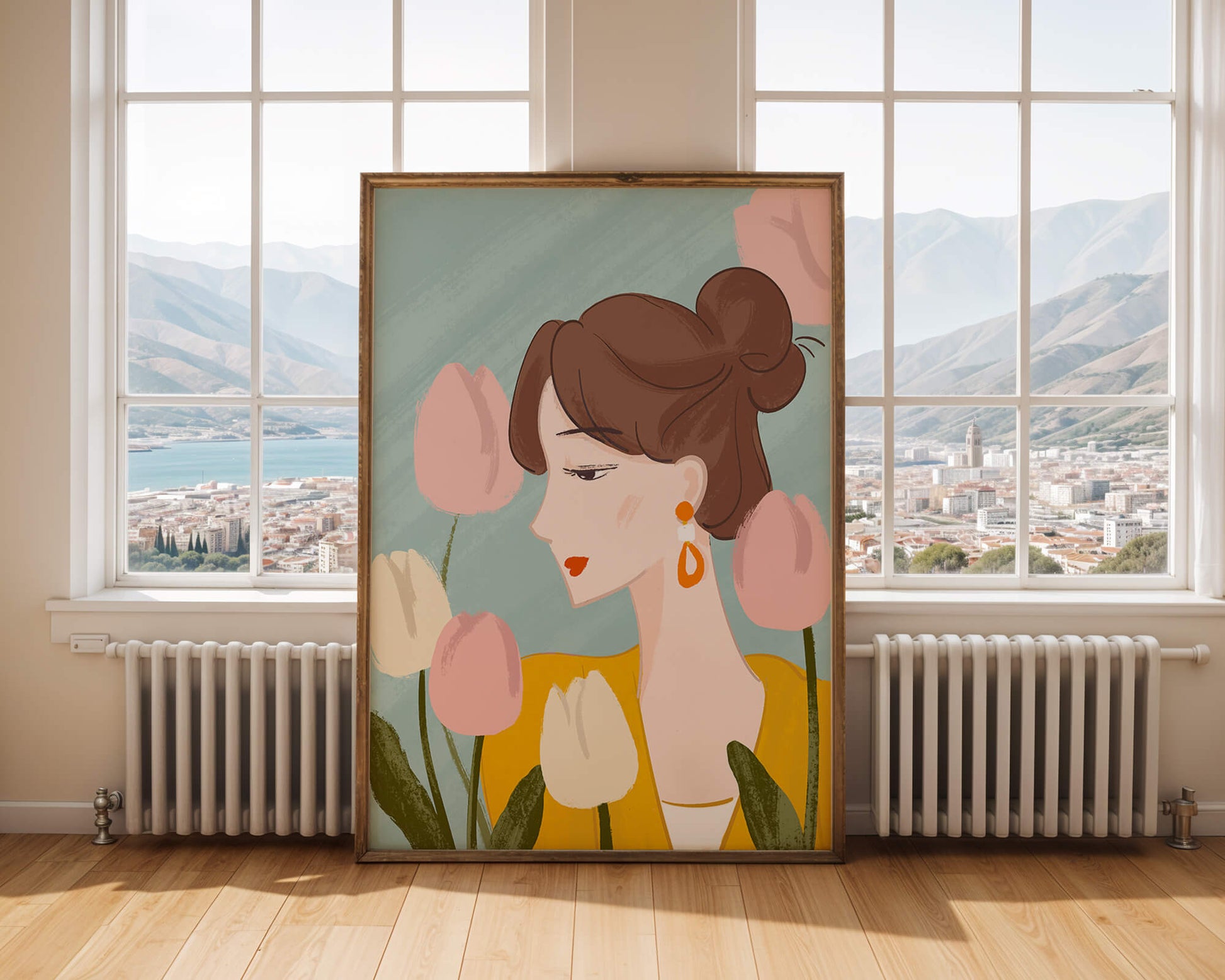 Serene woman surrounded by pastel tulips illustration