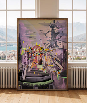 Ilustración futurista de una chica con un robot en un paisaje urbano de ciencia ficción