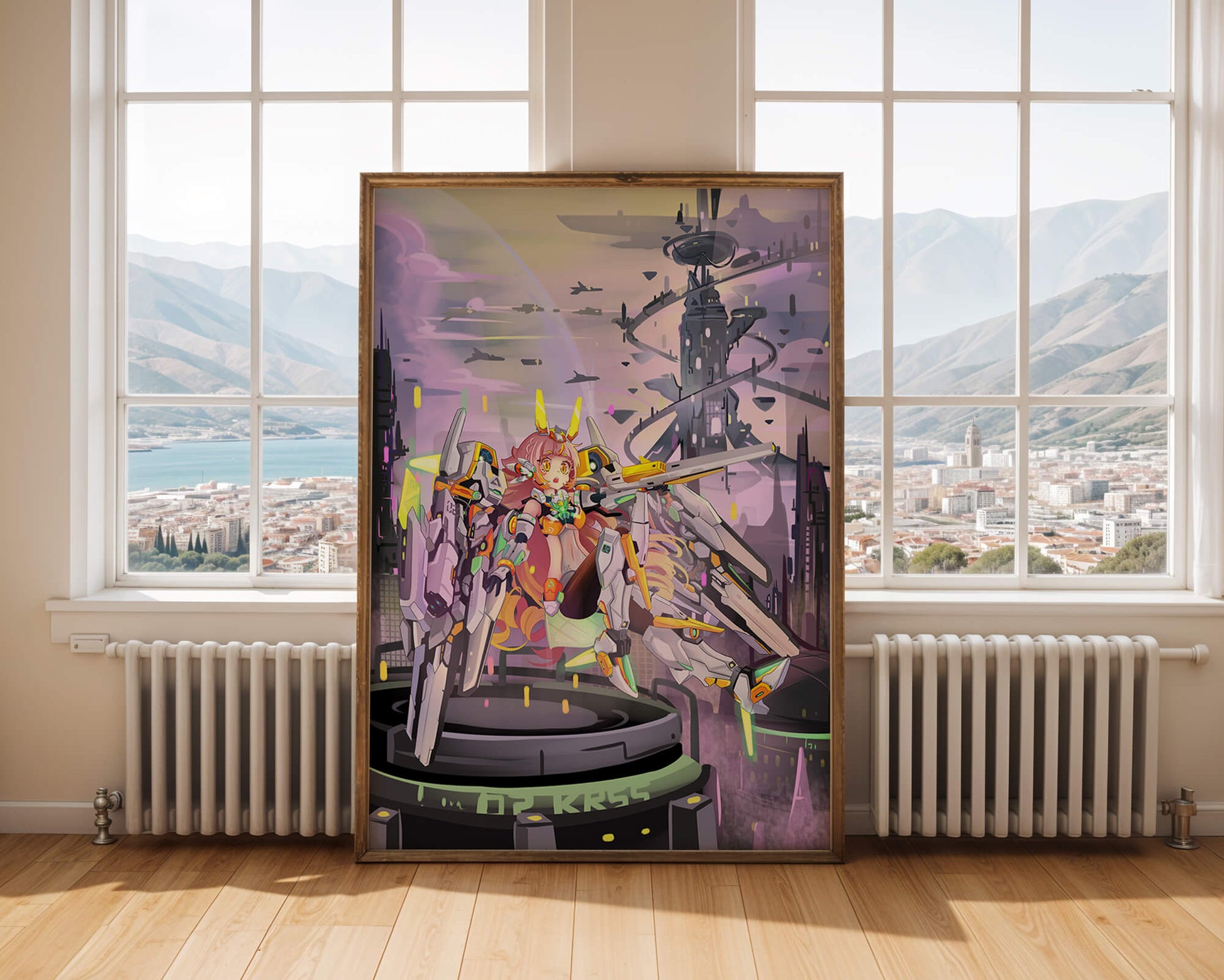 Futuristic illustration of girl with robot in sci-fi cityscape