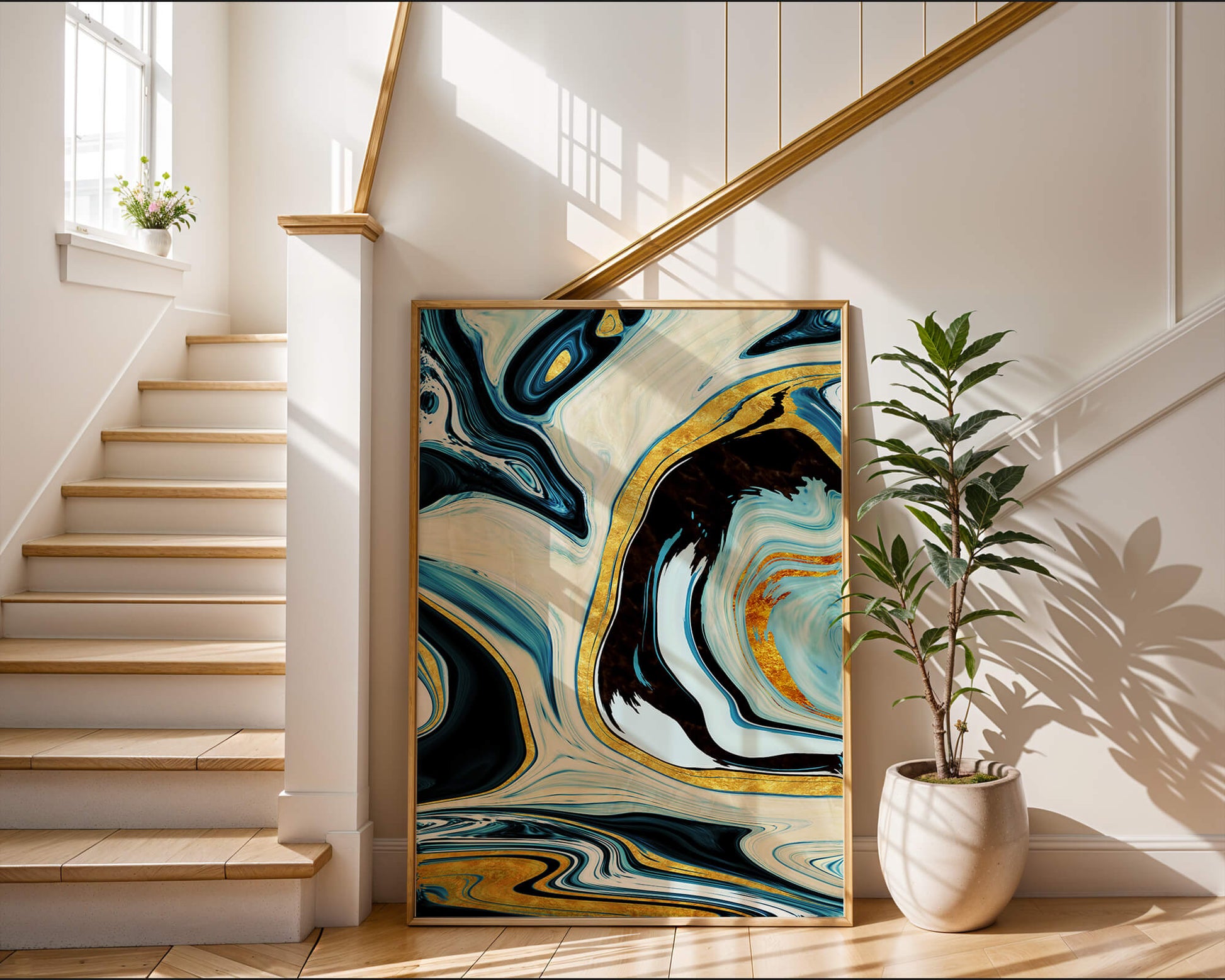 Abstract Marble Art with Gold Accents in Blue and Black Swirls