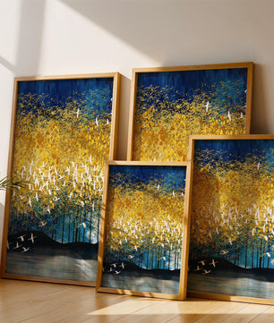 Vibrant Forest Landscape with Birds and Golden Leaves
