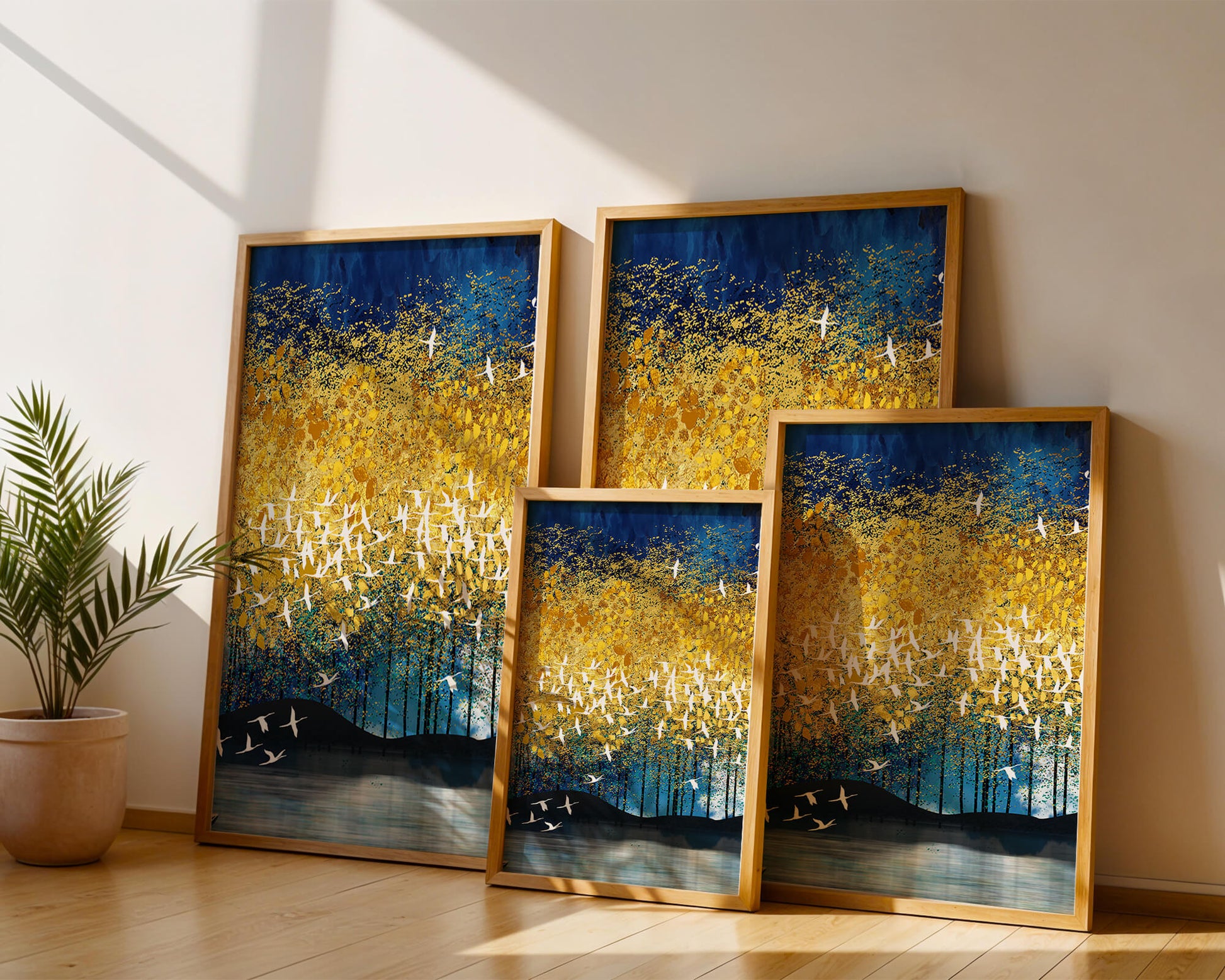 Vibrant Forest Landscape with Birds and Golden Leaves