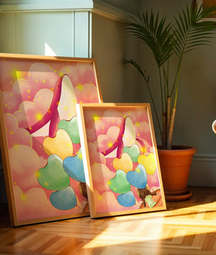 Globos con forma de corazón y ballena en una escena caprichosa y colorida