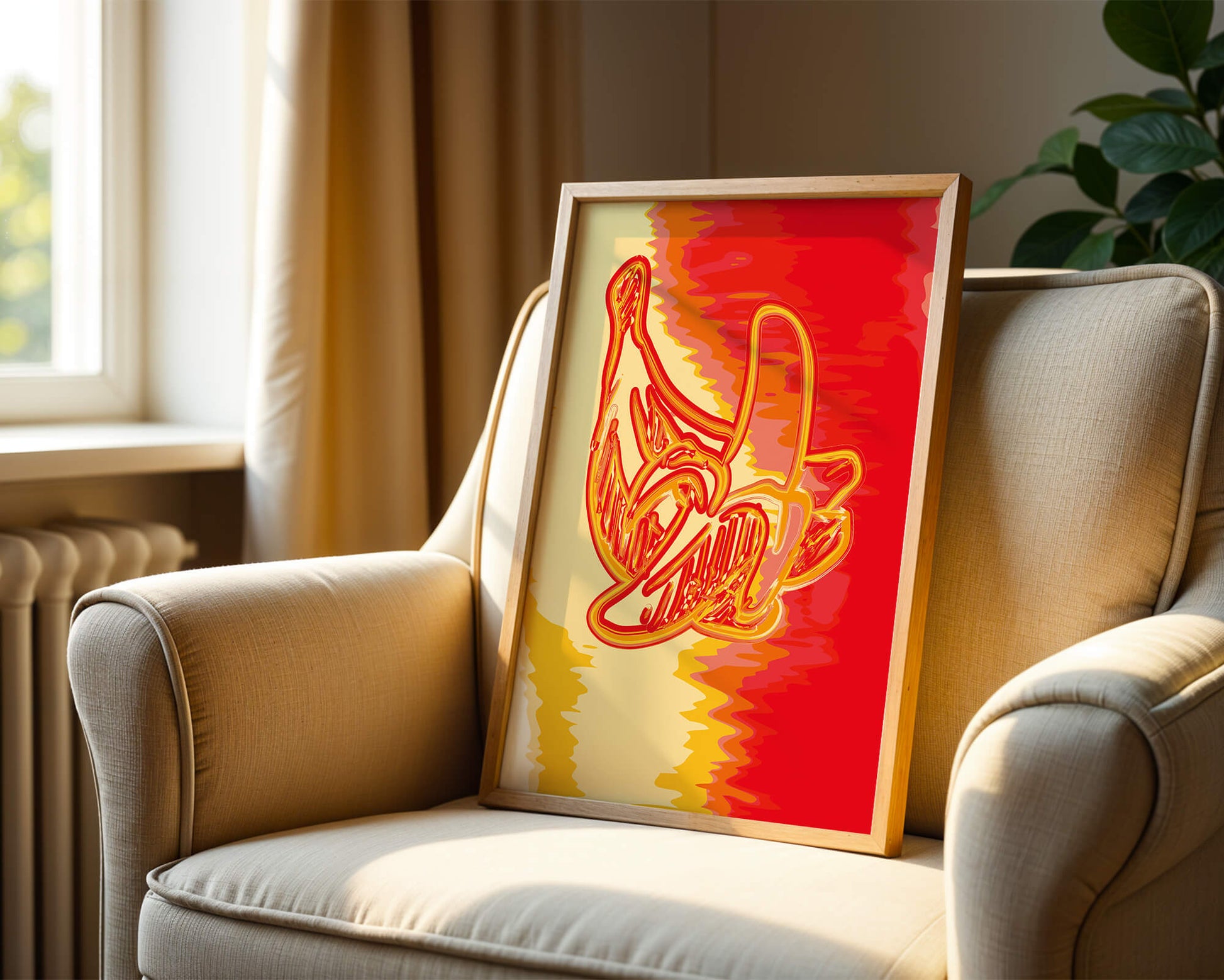 Abstract banana art with vibrant red and orange hues