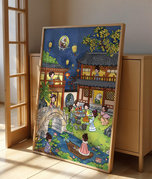Traditional Chinese Garden Scene with Lanterns and Moon Rabbit