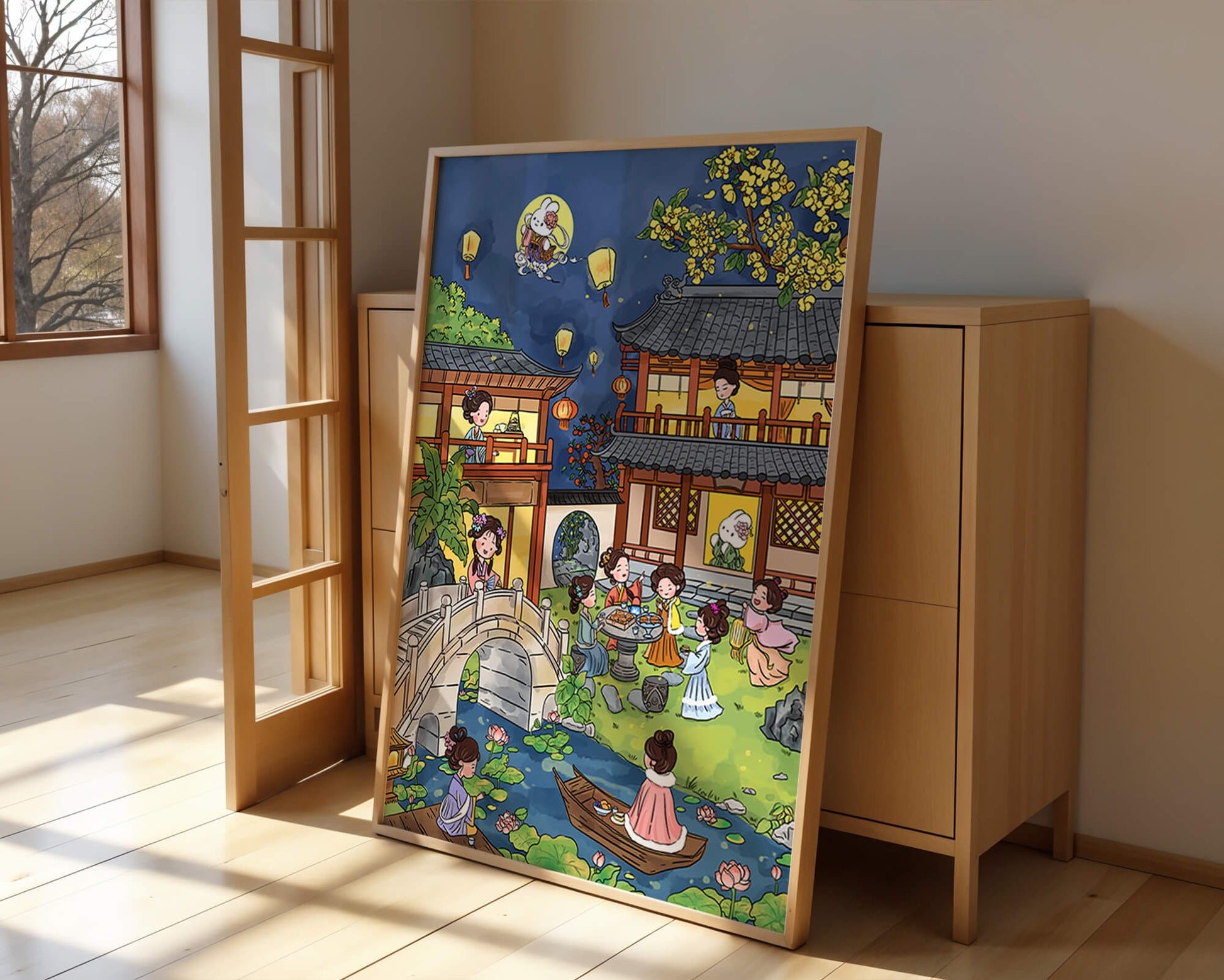 Escena de jardín chino tradicional con linternas y conejo lunar