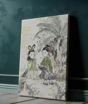 Arte asiático tradicional con dos personas y perros bajo un árbol