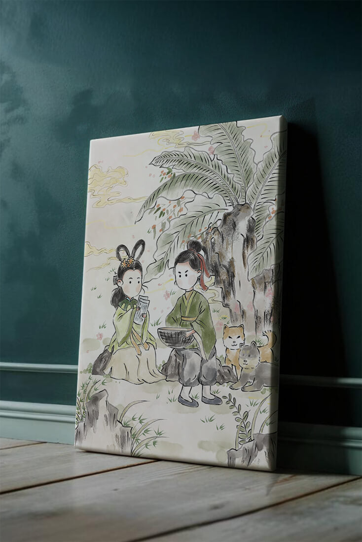 Arte asiático tradicional con dos personas y perros bajo un árbol