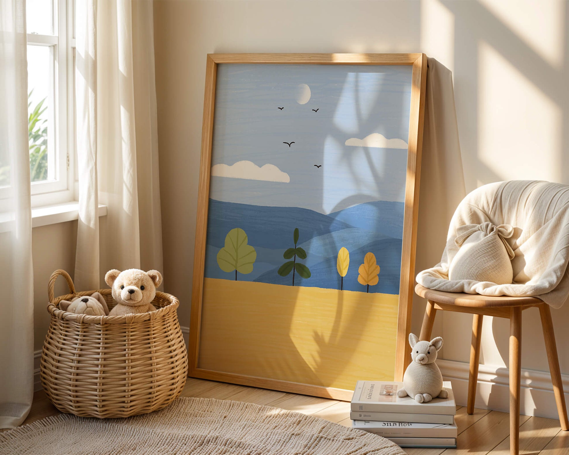 Paisaje colorido con árboles y aves en un campo sereno