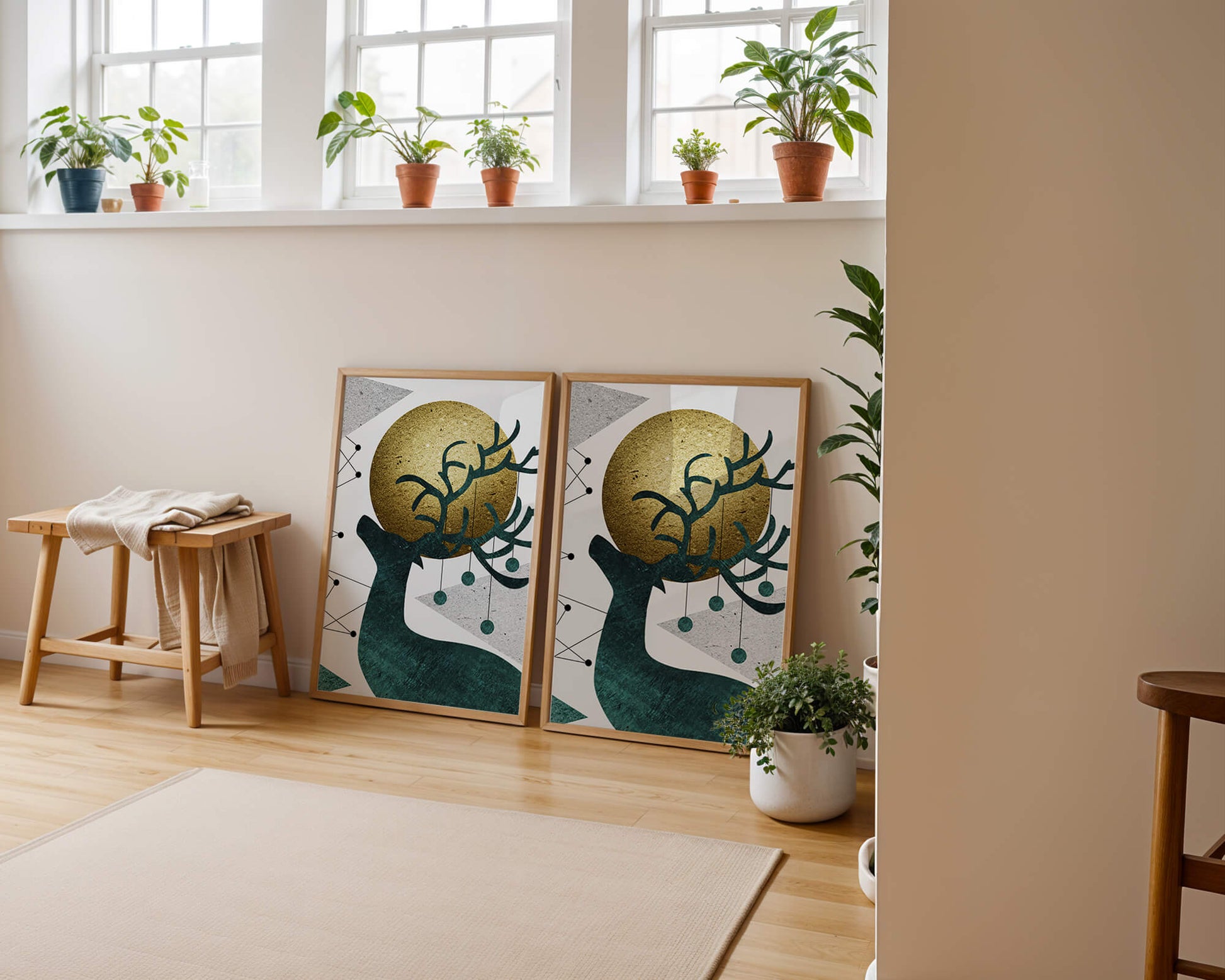 Abstract Geometric Deer with Gold Circle and Modern Design