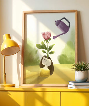 Ilustración de una chica con una flor creciendo de su cabeza siendo regada
