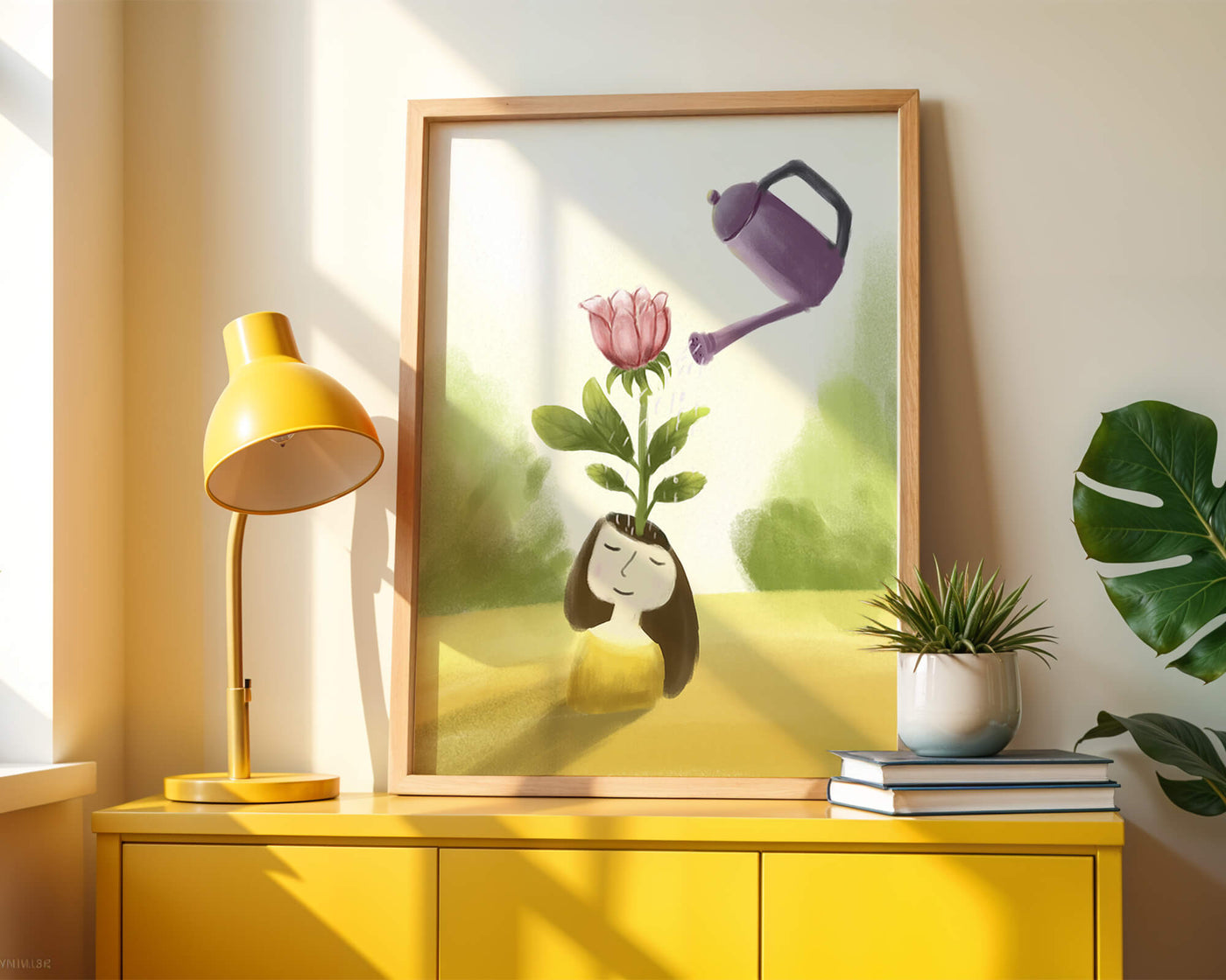 Illustration of a girl with a flower growing from her head being watered