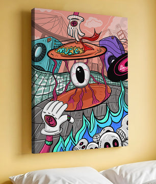 Ilustración abstracta surrealista colorida con un ojo vívido y elementos surrealistas