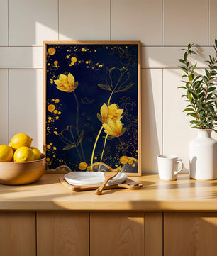 Diseño floral elegante con flores doradas sobre fondo azul marino