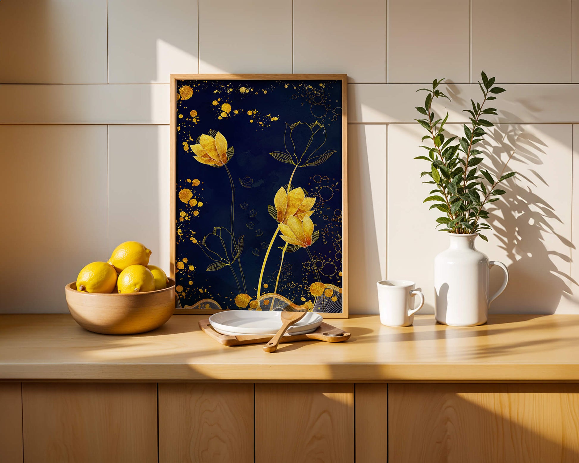 Diseño floral elegante con flores doradas sobre fondo azul marino