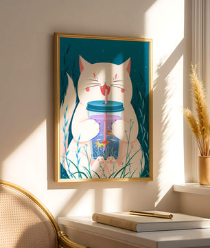 Playful cat with a fish tank tumbler in the underwater scene illustration