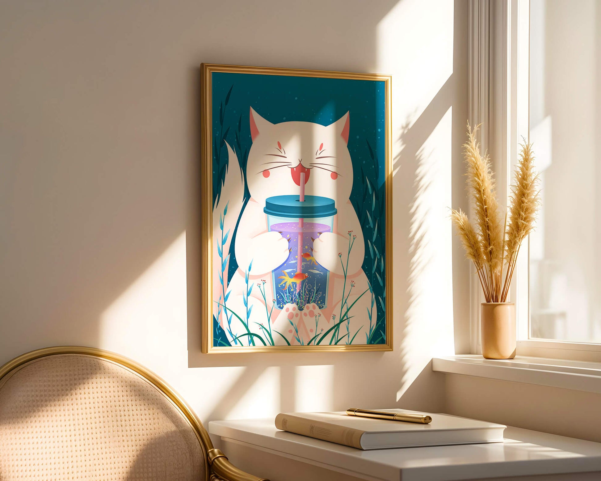 Playful cat with a fish tank tumbler in the underwater scene illustration