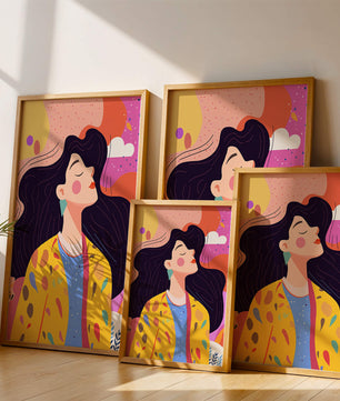 Ilustración colorida de una mujer en estilo artístico con fondo vibrante