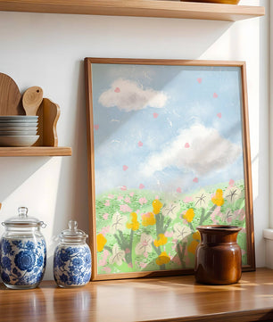 Paysage printanier avec nuages et fleurs