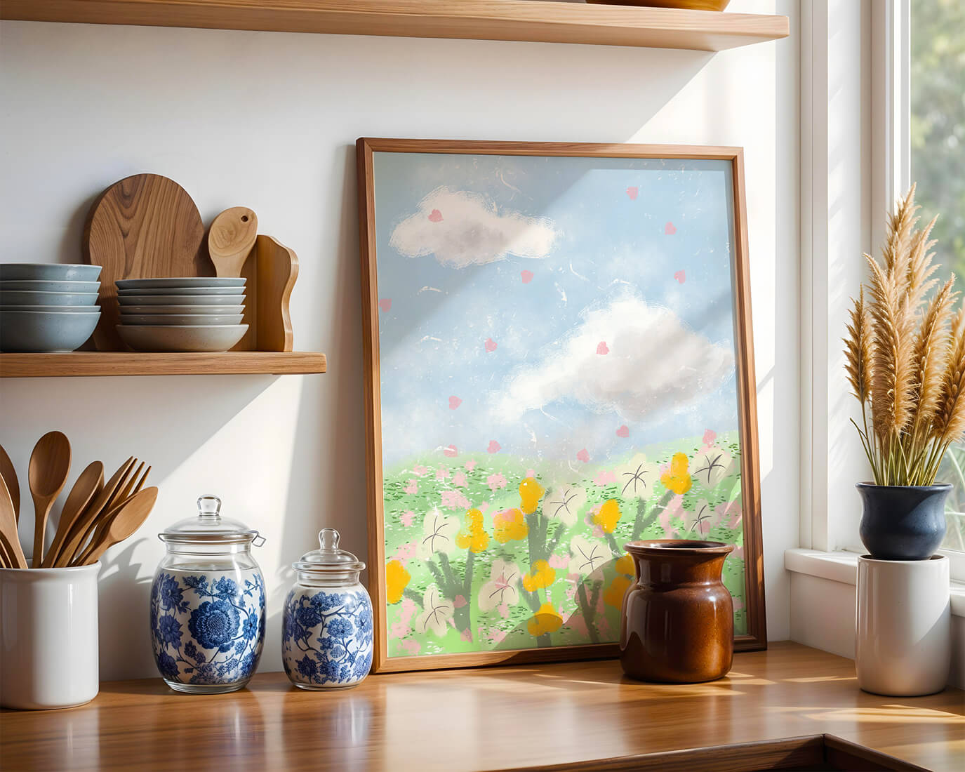 Paysage printanier avec nuages et fleurs