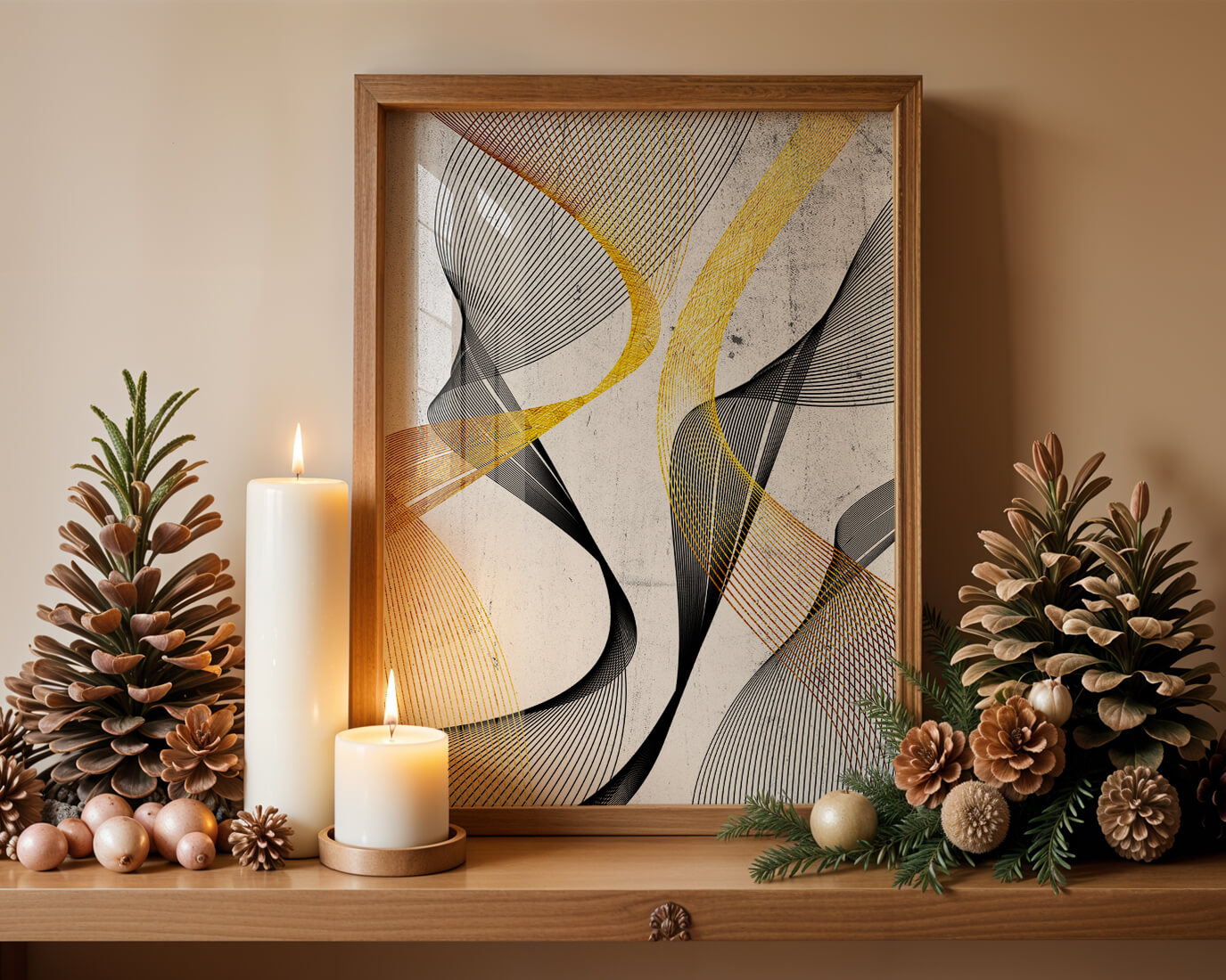 Abstract dynamic lines with golden and black swirls on textured background