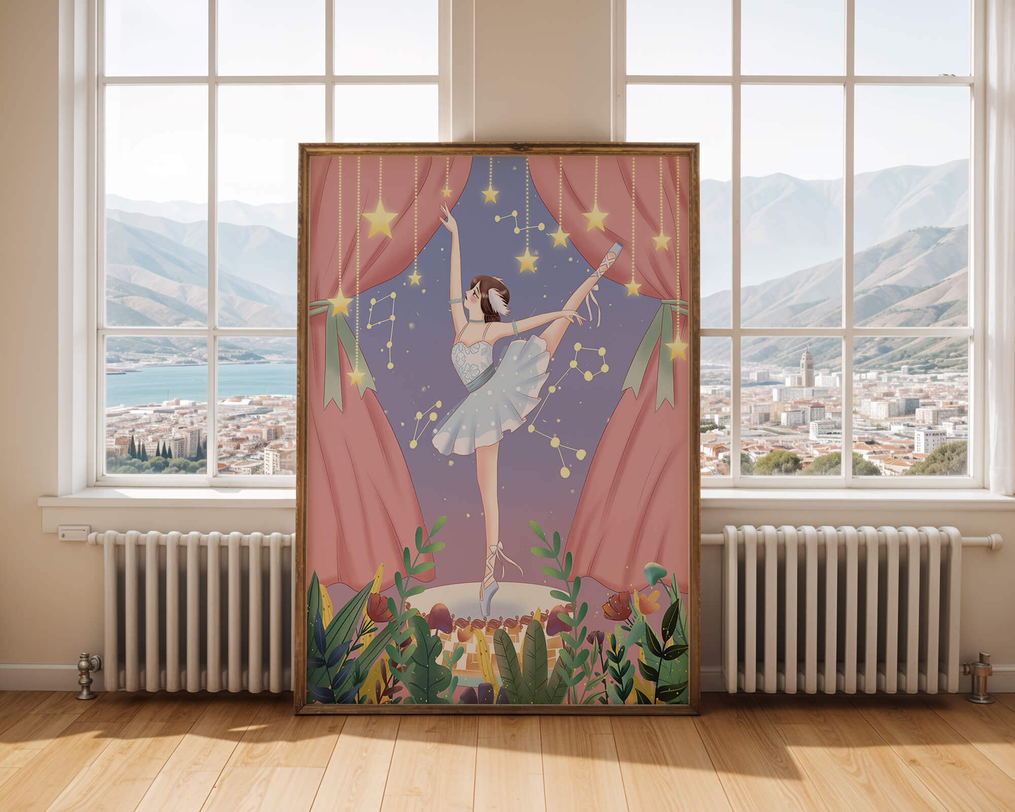 Graceful ballerina performing under starry sky on stage