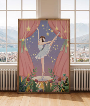 Graceful ballerina performing under starry sky on stage