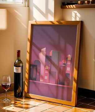 Modern Abstract Cityscape at Sunset with Reflective Water - Mi tienda