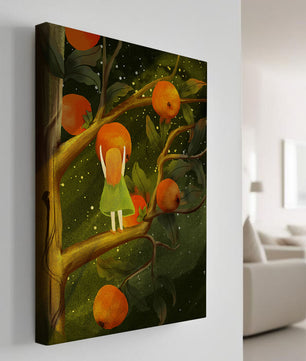 Little Girl Picking Oranges on a Starry Night