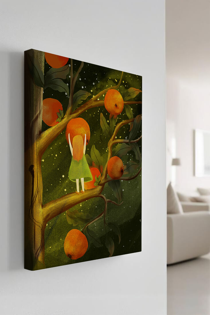 Little Girl Picking Oranges on a Starry Night