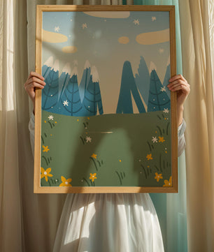 Landschaft mit schneebedeckten Bergen und Blumen im Cartoon-Stil