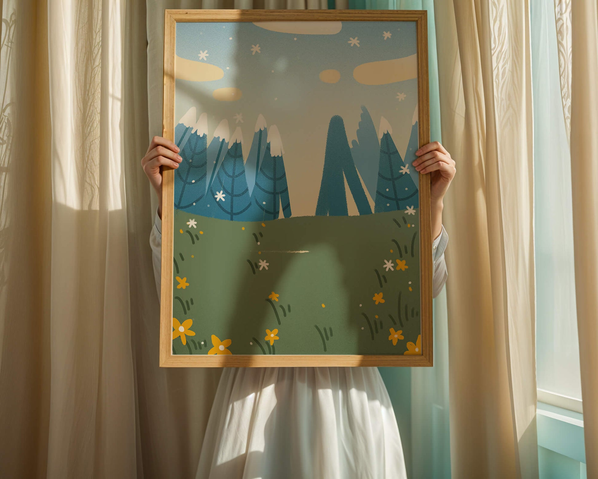 Landschaft mit schneebedeckten Bergen und Blumen im Cartoon-Stil