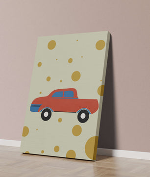 Ilustración abstracta de un coche rojo con círculos dorados sobre un fondo beige